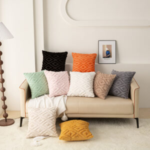 Faux Rabbit Fur Diamond Check Pillow Cover